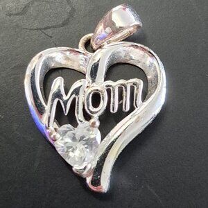 Mom Mother Heart 925 Solid Sterling Silver Pendant with Clear CZ Crystal